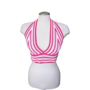 Vintage Crochet Halter Bralette Pink White Striped Handmade in Italy S/M
